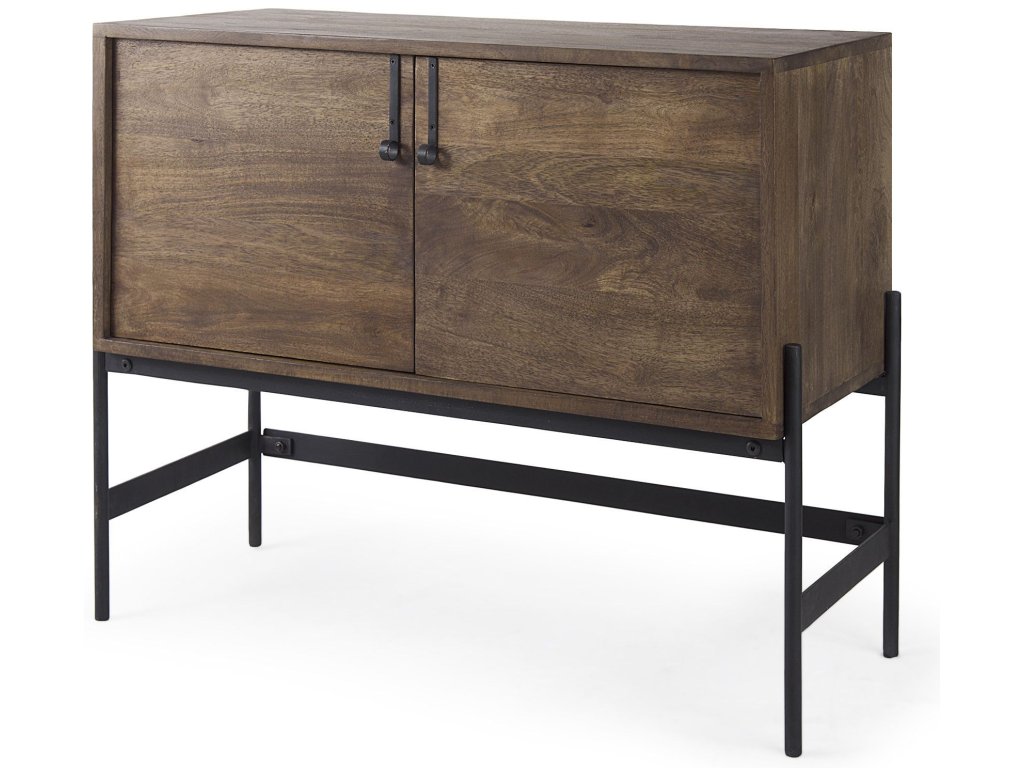 38L x 16W x 30H Dark Brown Wood w/ Black Iron Frame, 2 Door Accent Cabinet