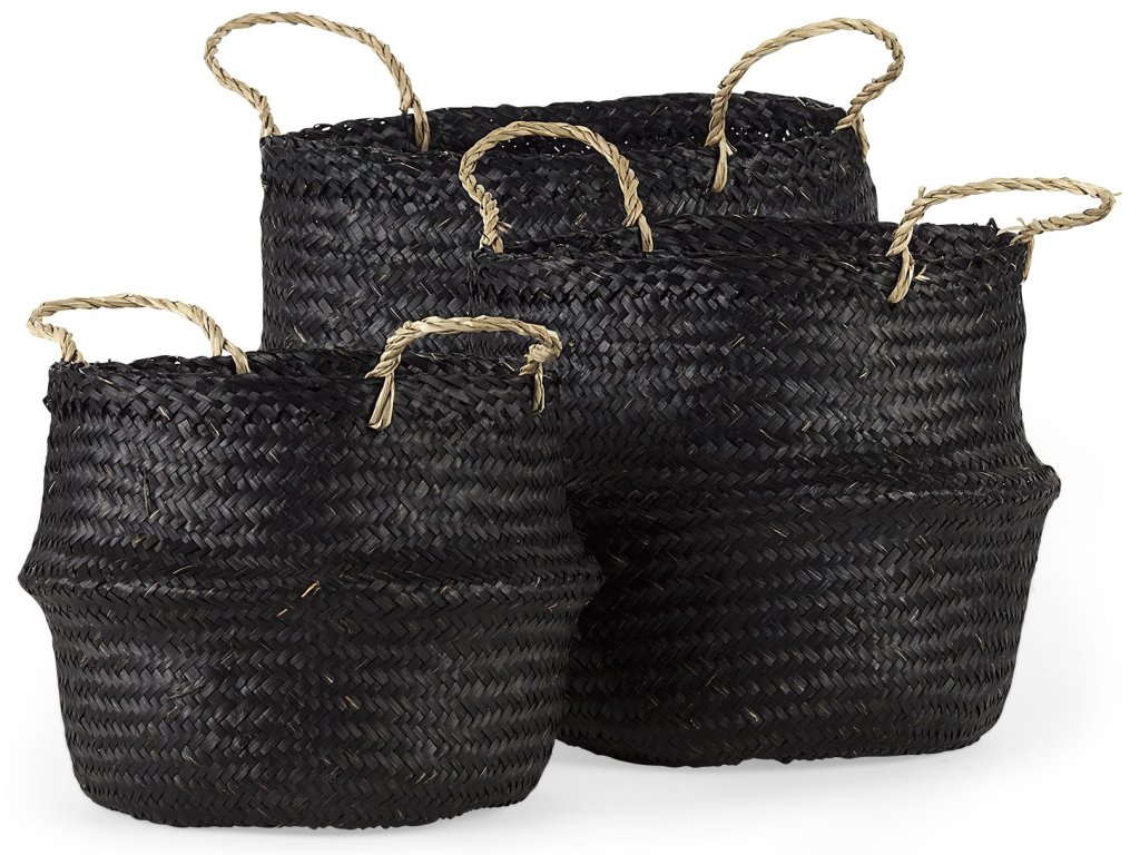 9.8L x 9.8W x 11.0H (Set of 3) Black Seagrass Basket w/ Light Brown Handles