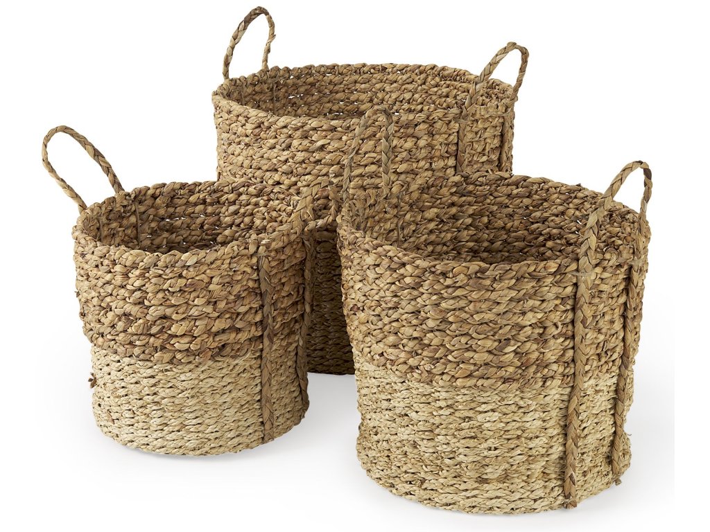 15.7L x 15.7 (Set of 3) Brown Two Tone Water Hyacinth and Cornhusk Round Basket w/ Handles