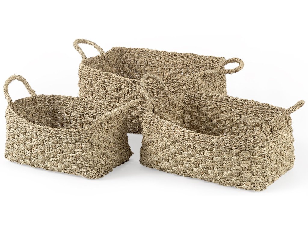 17.3L x 11.8W x 7.9H (Set of 3) Light Brown Seagrass Rectangular Basket w/ Handles