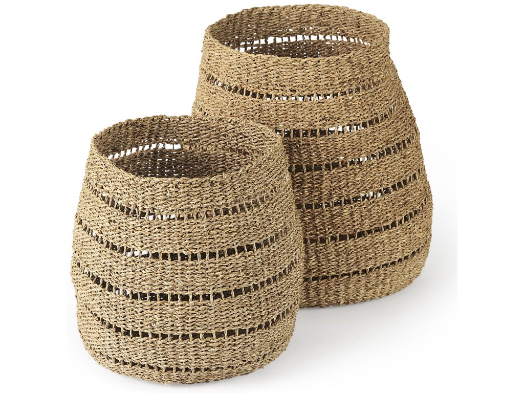 17.7L x 17.7W x 11.8H (Set of 2) Medium Brown Seagrass Round Basket With Stripe Pattern