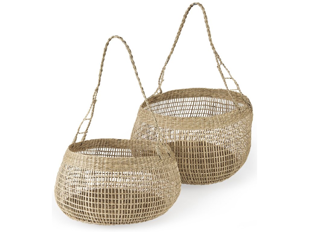 15.0L x 15.0W x 9.4H (Set of 2) Light Brown Seagrass Woven Round Basket w/ Long Handle