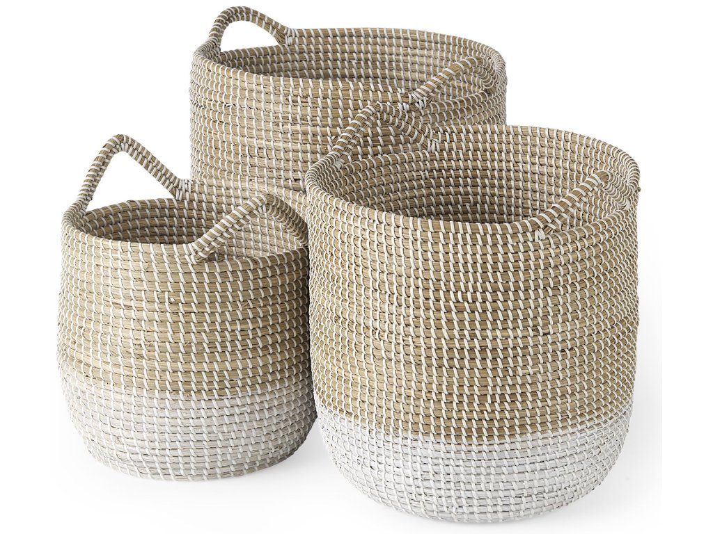 13.8L x 13.8W x 15.0H (Set of 3) Light Brown w/White Dipped Seagrass Round Basket w/ Handles
