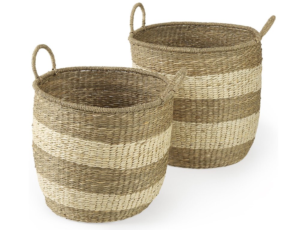 18.1L x 18.1W x 16.0H (Set of 2) Light Brown w/Striped Seagrass Basket w/ Handles
