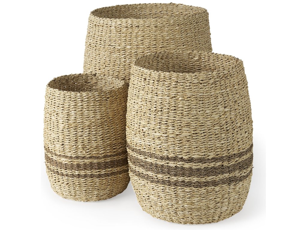 19.7L x 19.7W x 23.6H (Set of 3) Light Brown and Medium Brown Striped Seagrass Round Basket