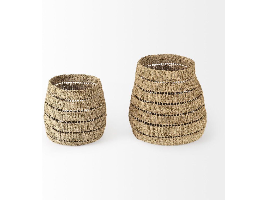 17.7L x 17.7W x 11.8H (Set of 2) Medium Brown Seagrass Round Basket With Stripe Pattern - Alternative View