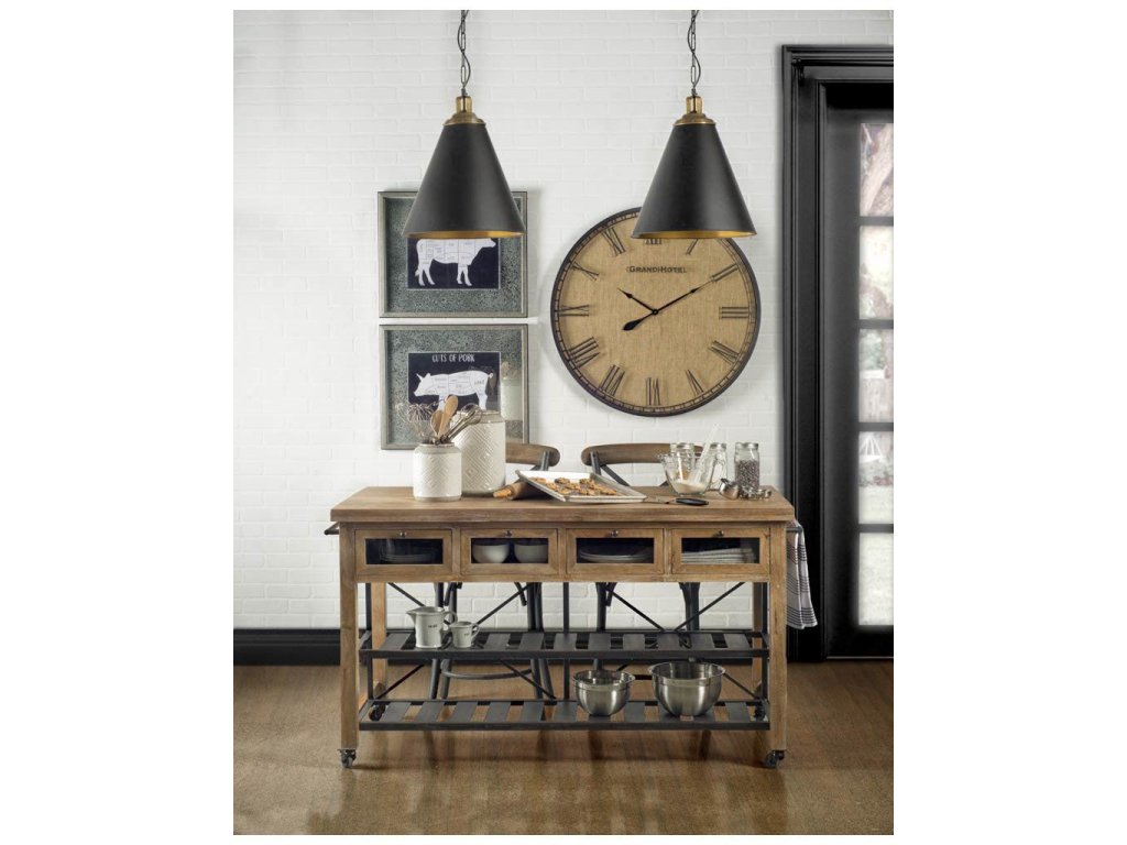 I Brown Solid Wood Top Two-Tier Black Metal Rolling Kitchen Island