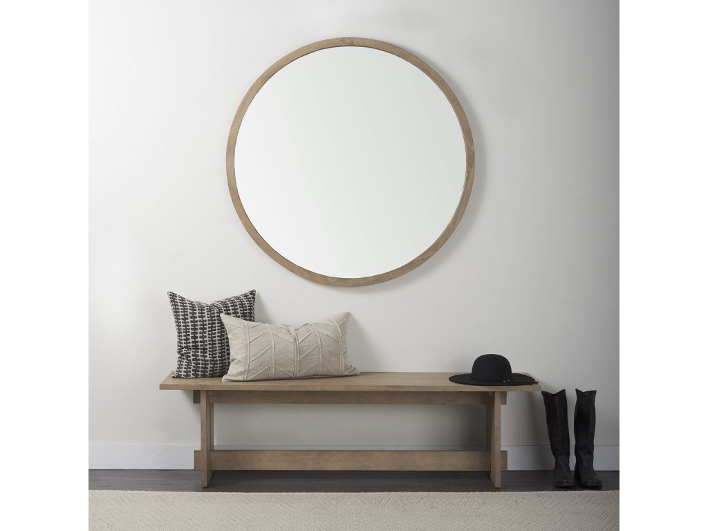 46" Round Light Brown Wood Frame Wall Mirror - Alternative View