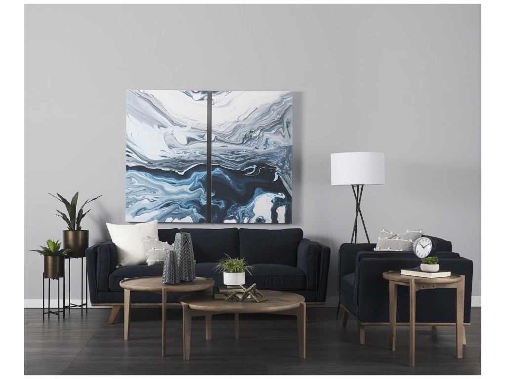 90.2L x 34.8W x 33.5H Navy Blue Fabric Three Seater Sofa w/ Medium Brown Wooden Legs