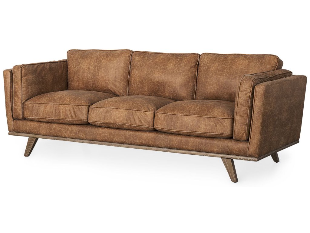 90.2L x 34.8W x 33.5H Cognac Brown Faux Leather Three Seater Sofa w/ Medium Brown Wooden Legs