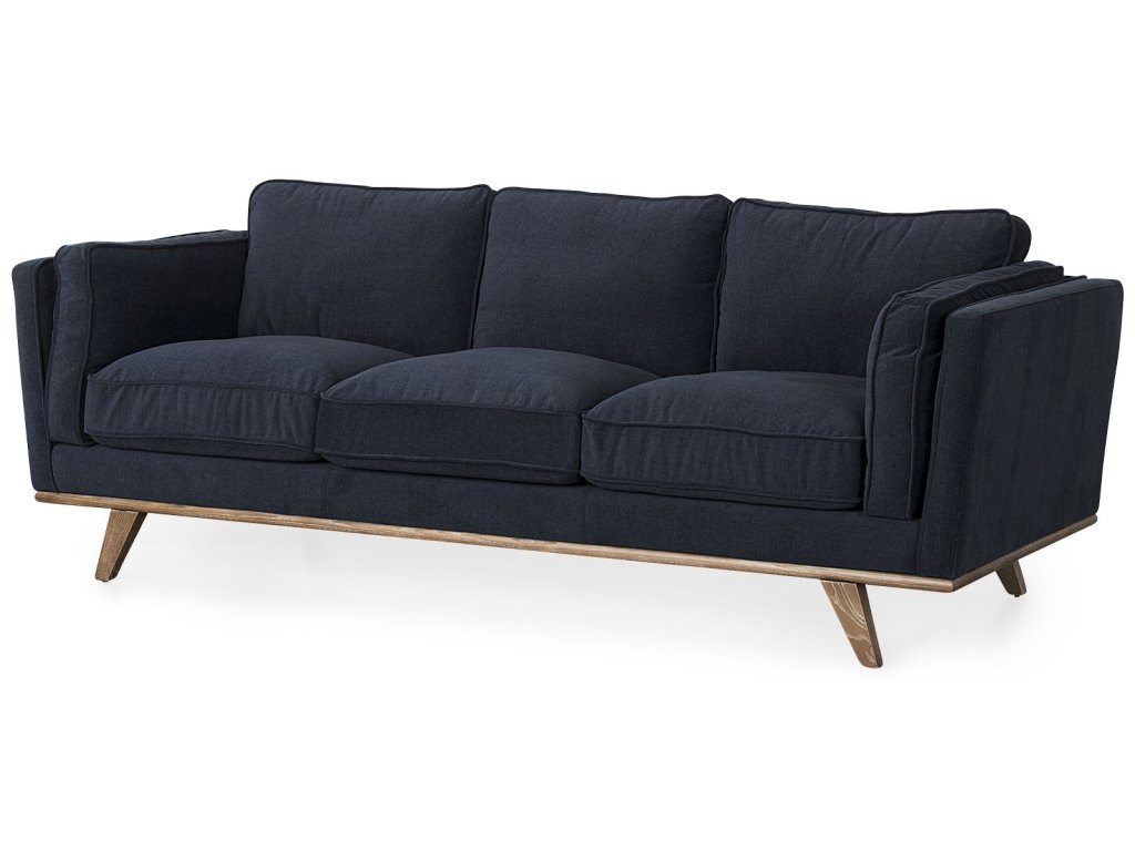 90.2L x 34.8W x 33.5H Navy Blue Fabric Three Seater Sofa w/ Medium Brown Wooden Legs