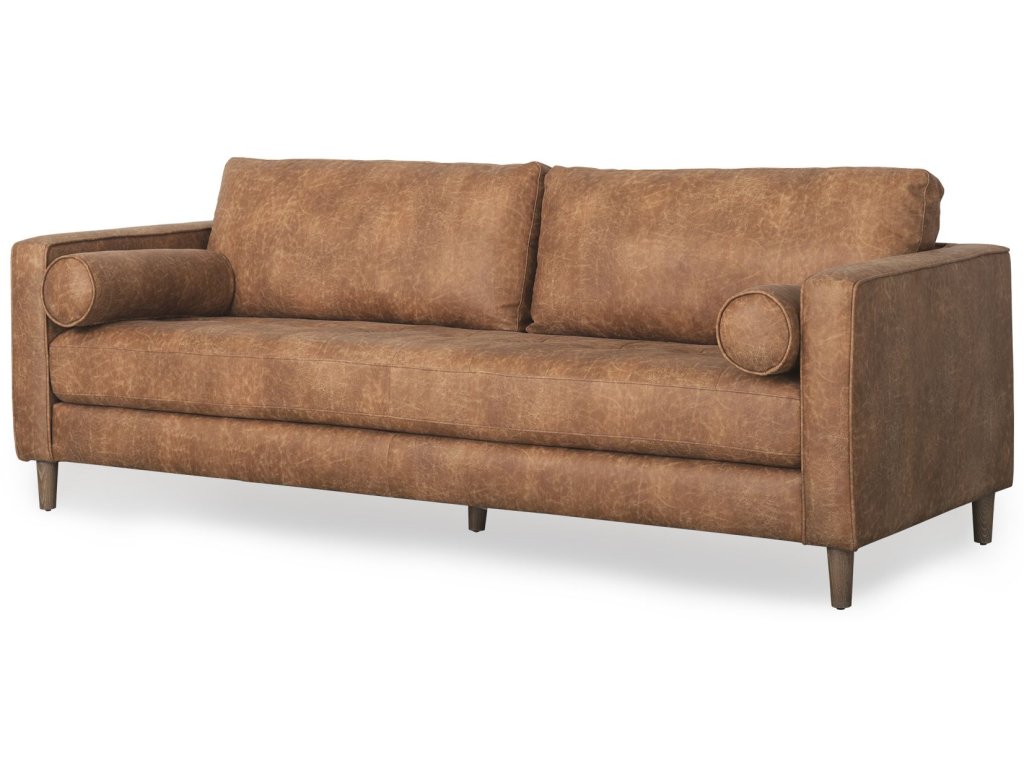 88.0L x 36.2W x 33.9H Cognac Brown Faux Leather Three Seater Sofa With Two Bolster Cushions