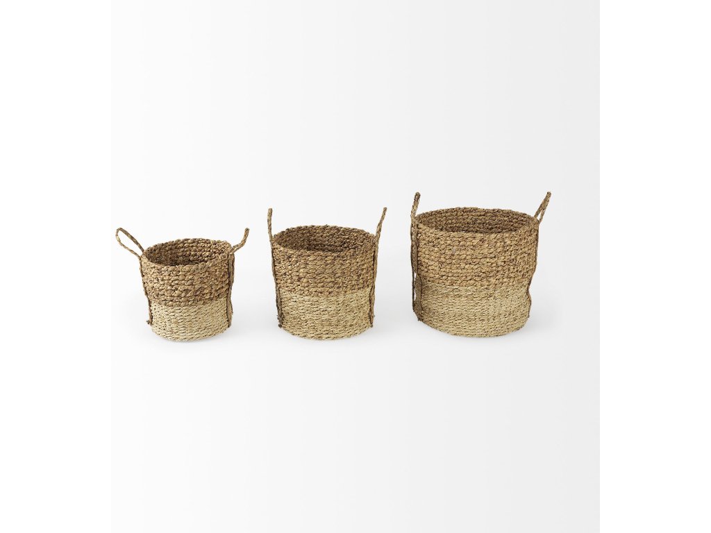 15.7L x 15.7 (Set of 3) Brown Two Tone Water Hyacinth and Cornhusk Round Basket w/ Handles - Alternative View