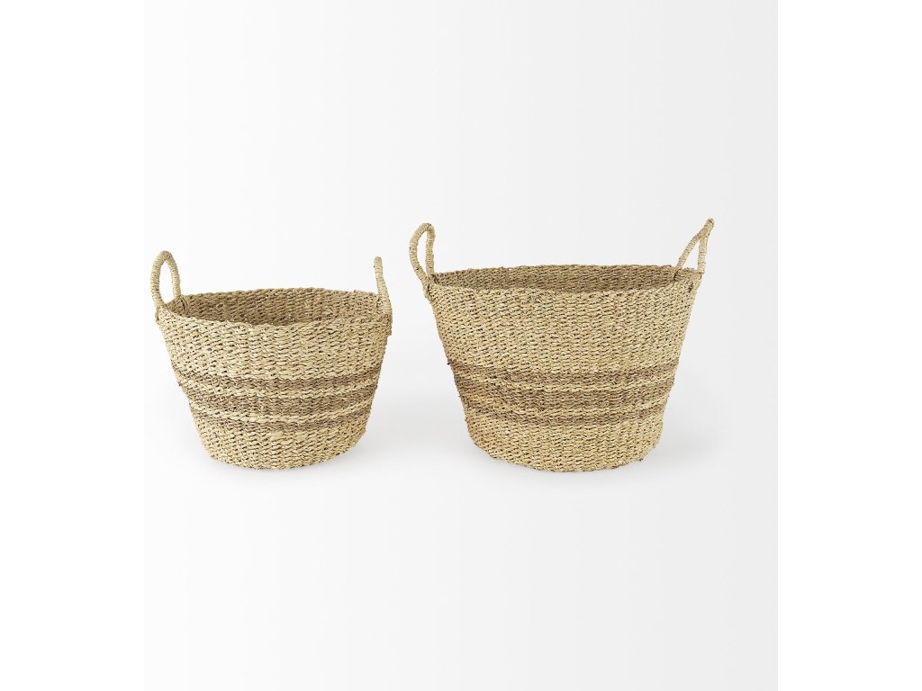17.7L x 17.7W x 11.8H Light Brown Palm Leaf and Seagrass Round Basket w/ Handles - Alternative View