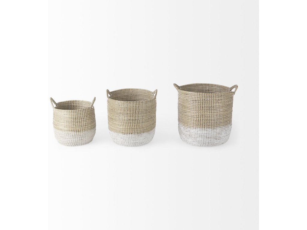 13.8L x 13.8W x 15.0H (Set of 3) Light Brown w/White Dipped Seagrass Round Basket w/ Handles - Alternative View