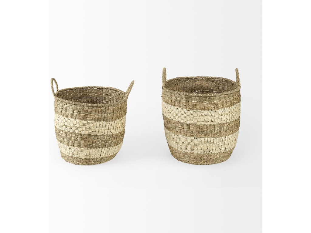 18.1L x 18.1W x 16.0H (Set of 2) Light Brown w/Striped Seagrass Basket w/ Handles