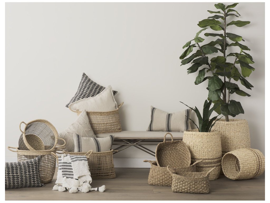 19.7L x 19.7W x 23.6H (Set of 3) Light Brown and Medium Brown Striped Seagrass Round Basket
