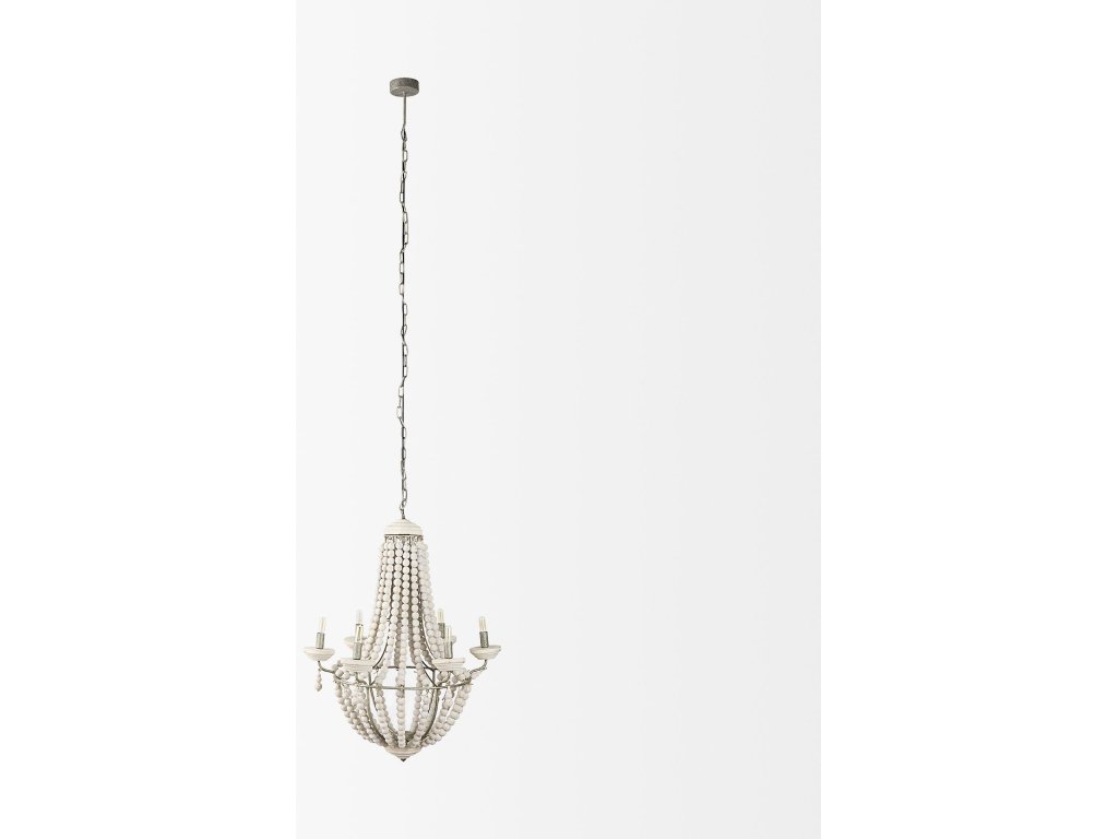 (29"X37") Silver Metal Chassis and White Wood Beaded Six Bulb Chandelier - Alternative View