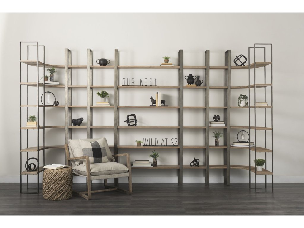 80L x 10.5W x 90H Medium Brown Wood w/ Antique Nickel Metal Frame 6 Tier Shelving Unit