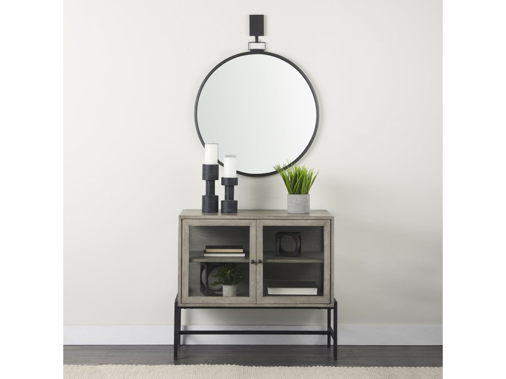 36L x 18W x 32H Gray Wood, Black Metal Base w/ 2 Glass Doors Accent Cabinet