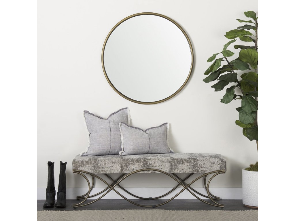 55L x 17.6W x 18H Light and Dark Gray Fabric Seat w/ Antique Gold Metal Frame Bench