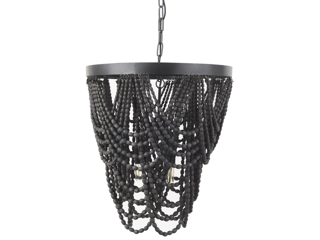 19.7L x 19.7W x 89.0H Black Metal Wooden Bead Three Bulb Chandelier