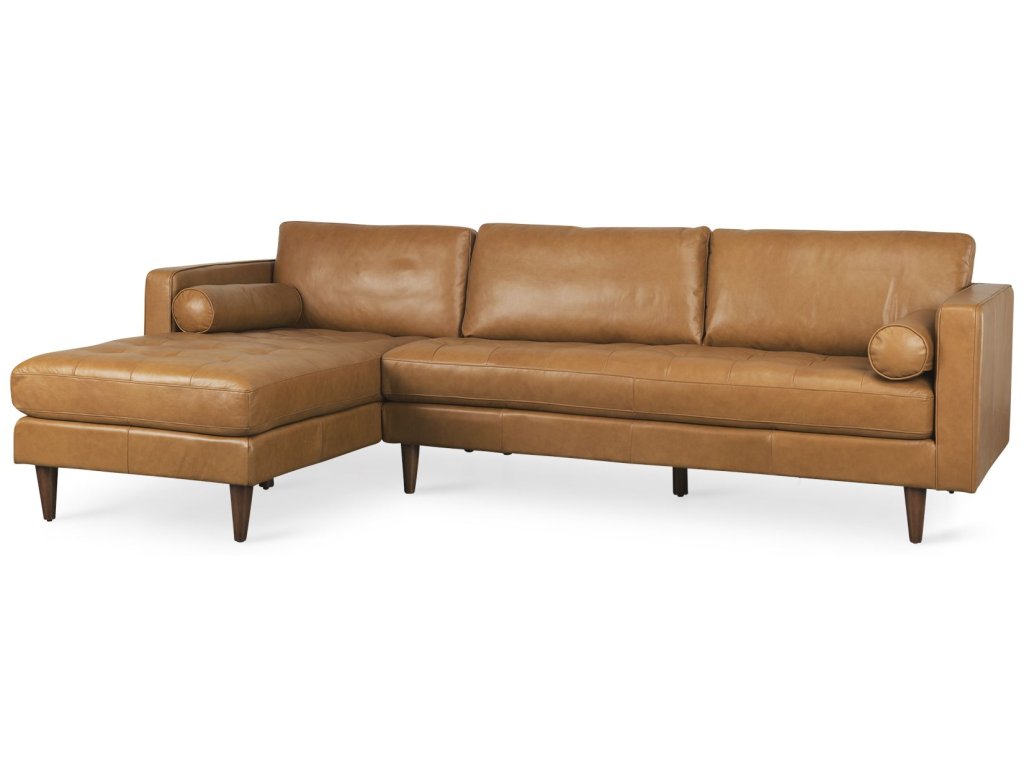 111.4L x 68.0W x 33.9H Tan Leather Left Chaise Sectional Sofa