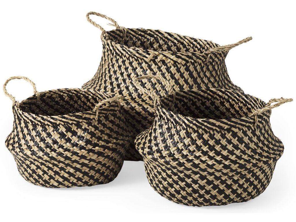 17.7L x 17.7W x 20.5H Set of 3 Light and Dark Brown Cross Patterend Belly Seagrass Basket