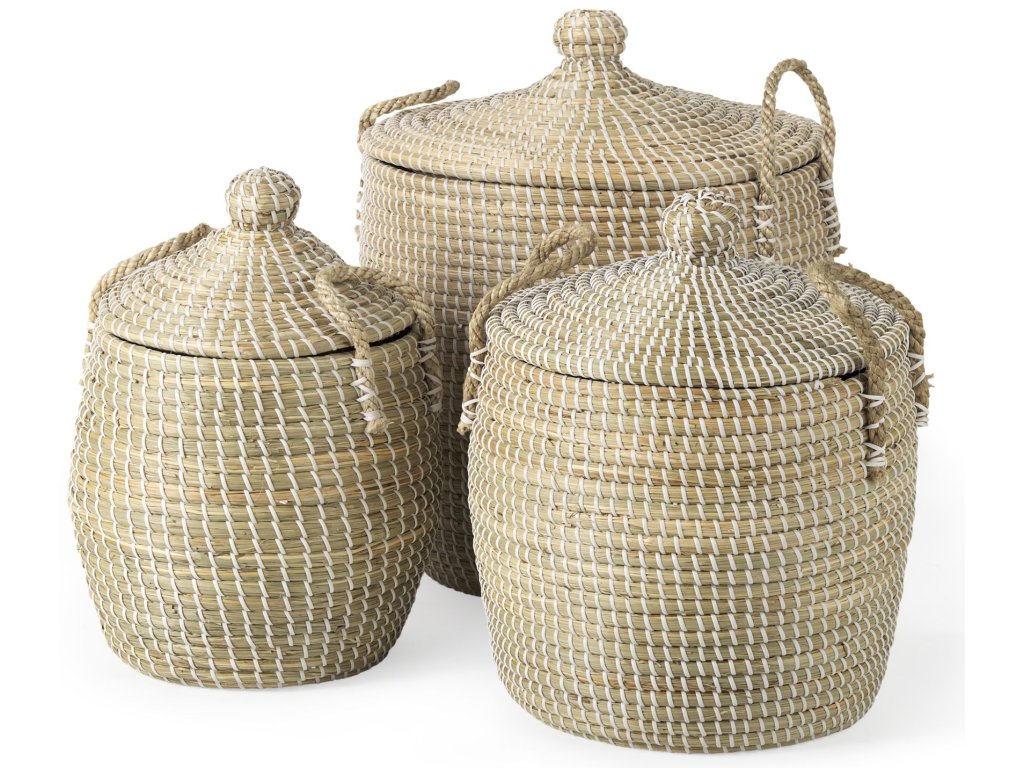 15.7L x 15.7W x 17.3H Set of 3 Beige Seagrass Basket w/Lid and Handles