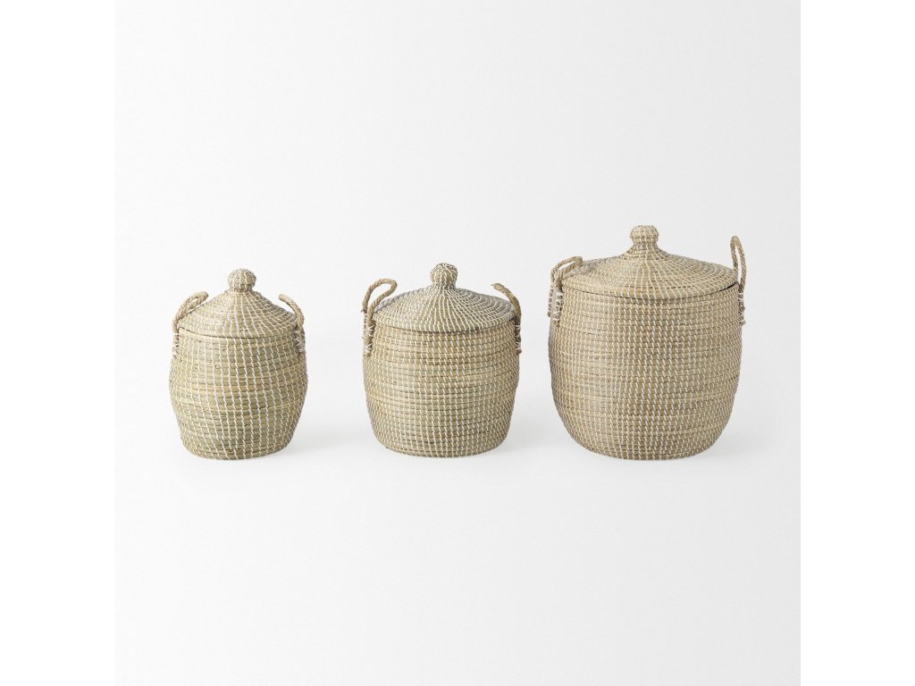 15.7L x 15.7W x 17.3H Set of 3 Beige Seagrass Basket w/Lid and Handles