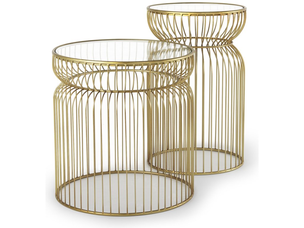 Set of 2 Round, Gold Metal w/ Glass Accent Tables