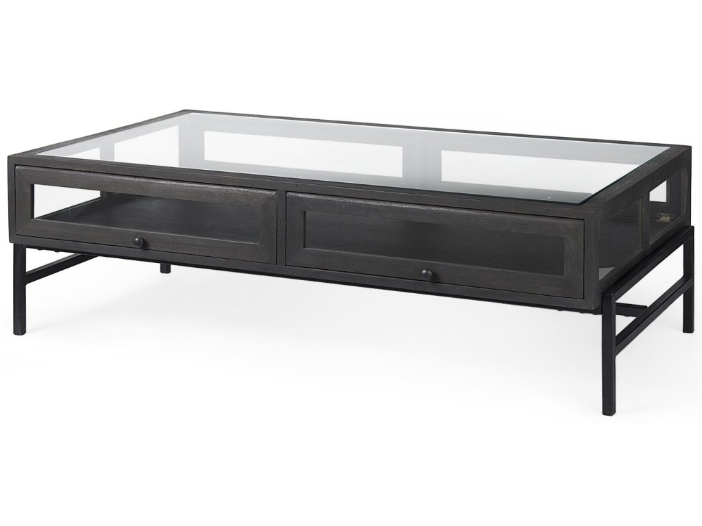 42"L Rectangular Glass-Top Black-Brown Wood w/ Black Metal Base Display Coffee Table