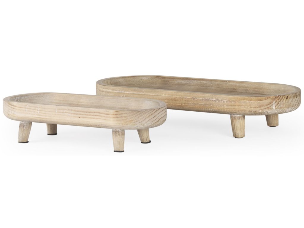Set of 2 Oblong White Washed Wood Footed Trays