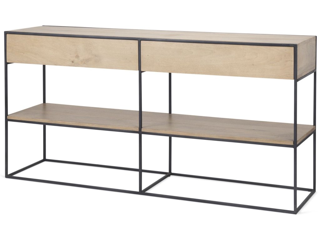 63.0L x 15.0W x 31.0H Beige Wood w/ Black Metal Frame 2 Drawer Console Table