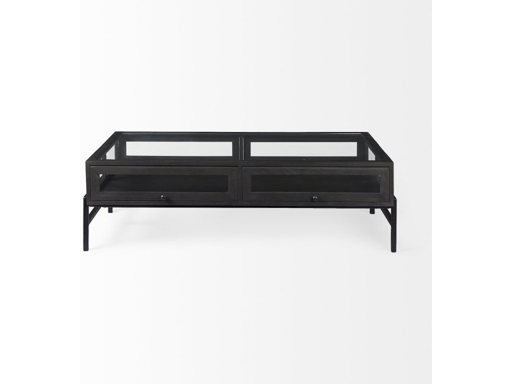 42"L Rectangular Glass-Top Black-Brown Wood w/ Black Metal Base Display Coffee Table