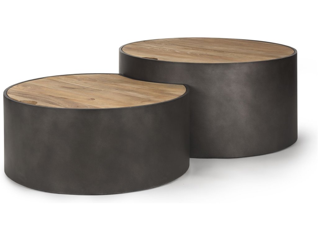Gunmetal Gray Drum Base w/ Brown Wood Top Nested Coffee Table