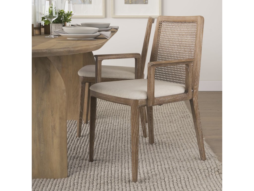 Light Brown Wood w/ Cream Fabric Seat and Cane Back Dining Chair