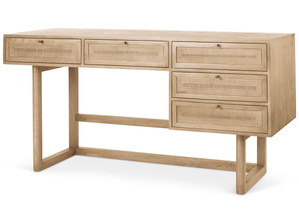 62.0L x 22.0W x 30.0H Light Brown Solid Wood w/Cane Office Desk