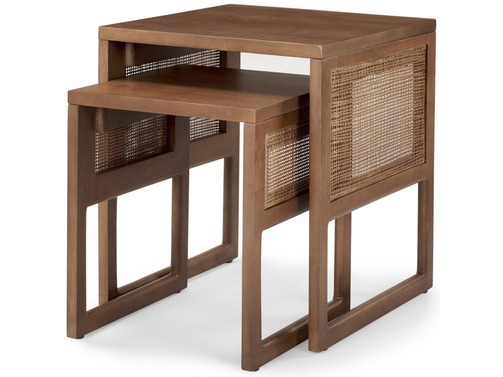 Set of 2 Medium Brown Solid Wood w/ Cane Nesting Accent Tables
