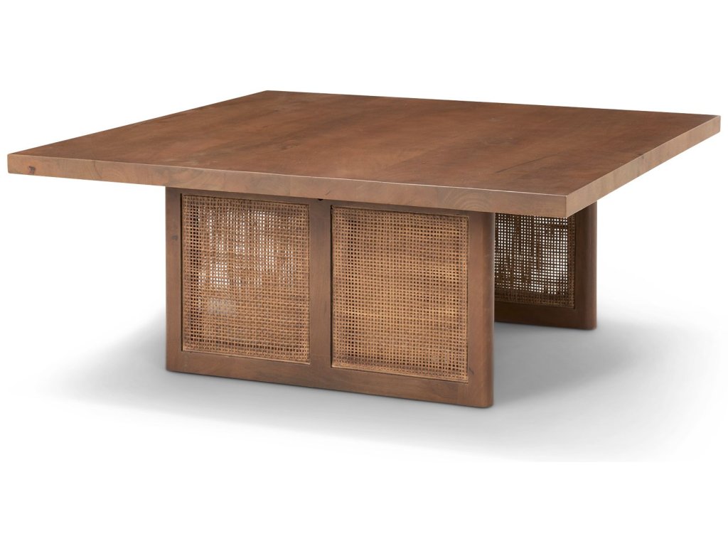 42" Square Medium Brown Solid Wood w/ Cane Coffee Table