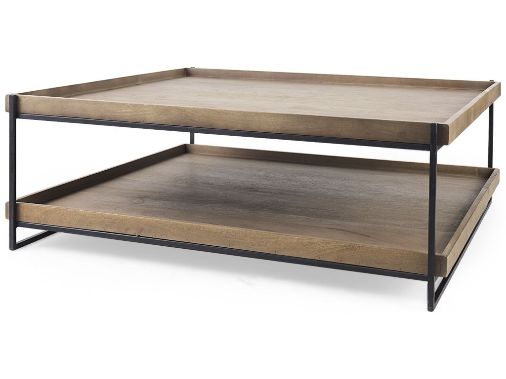 48X46 Rectangular Brown Solid Wood Top Table Black Metal Frame Two-Tier Coffee Table
