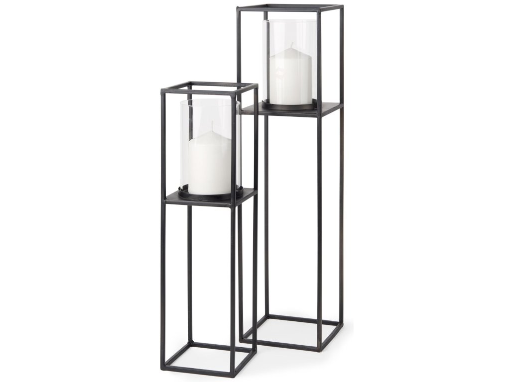 Set of 2 Matte Black Metal and Hurricane Glass Pillar Tabletop Candle Holders