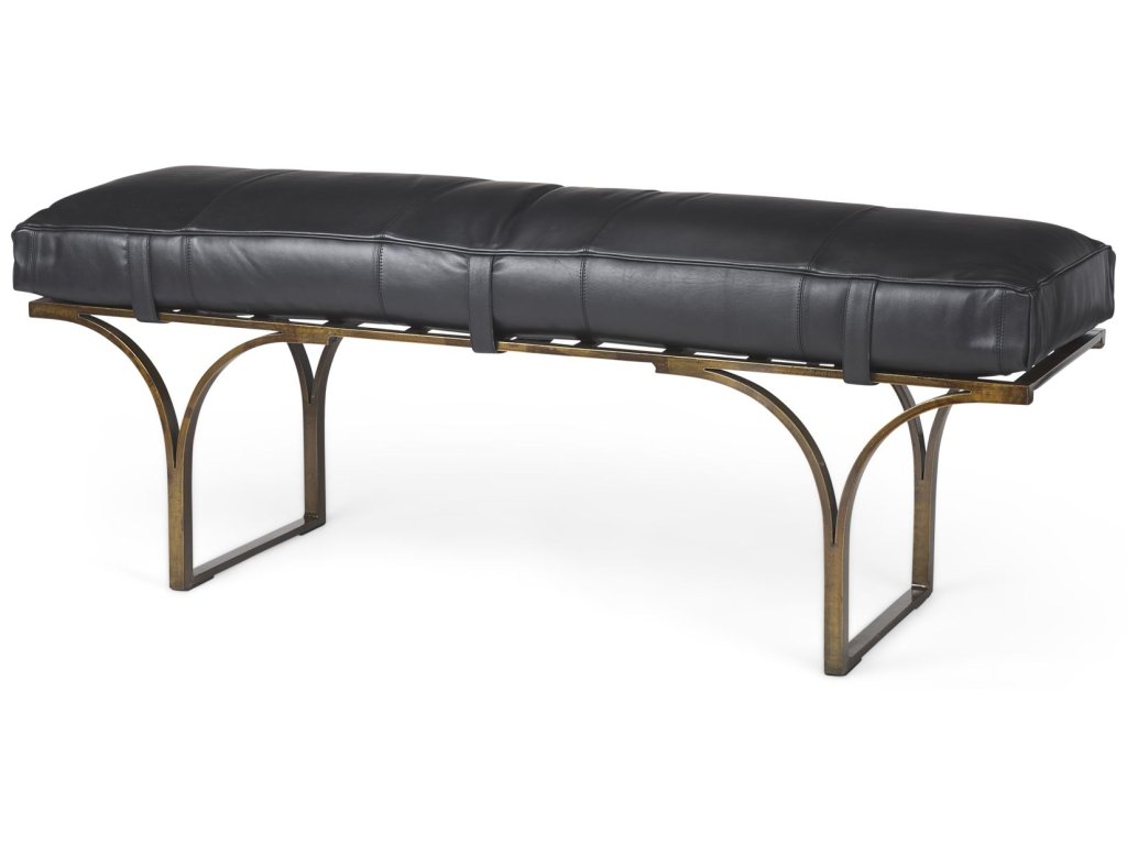 55L x 16W Black Leather Seat w/Gold Metal Base Accent Bench