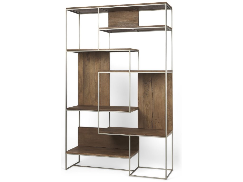 III 47.25 x 15 x 75.5 Brown Wood and Silver Metal Frame 6 Shelf Shelving Unit