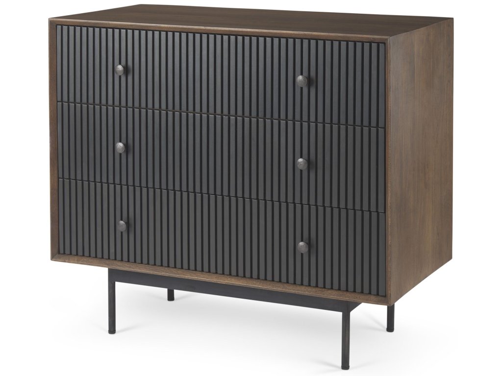 35.5L x 18.0W x 31.0H Medium Brown Wood w/Black Metal Frame 3 Drawer Accent Cabinet