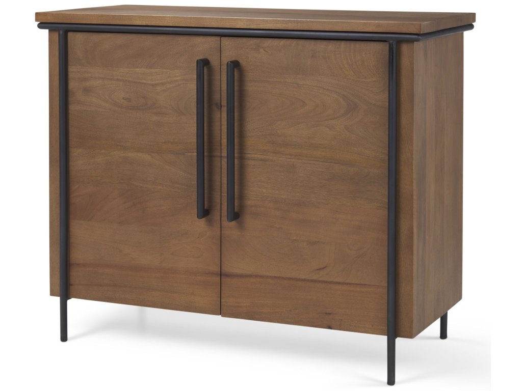40.0L x 18.5W x 32.75H Brown Solid Wood Black Metal 2 Door Accent Cabinet