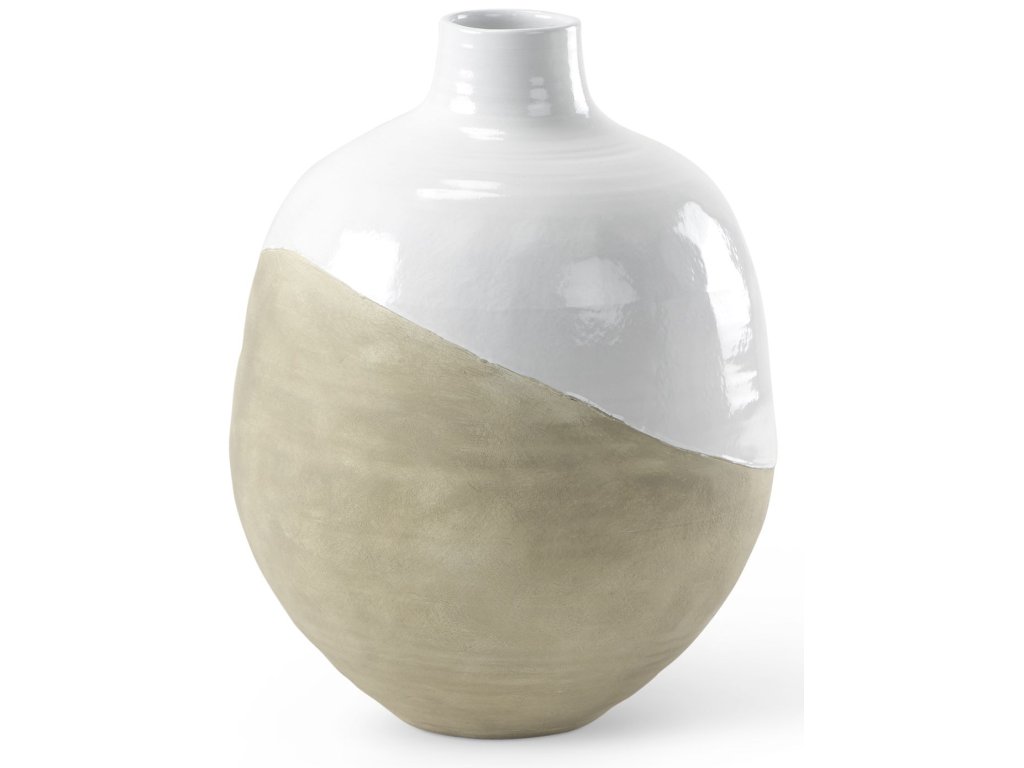 18.5L x 18.5W x 24.4H White and Dark Beige Color Blocked Ceramic Floor Vase