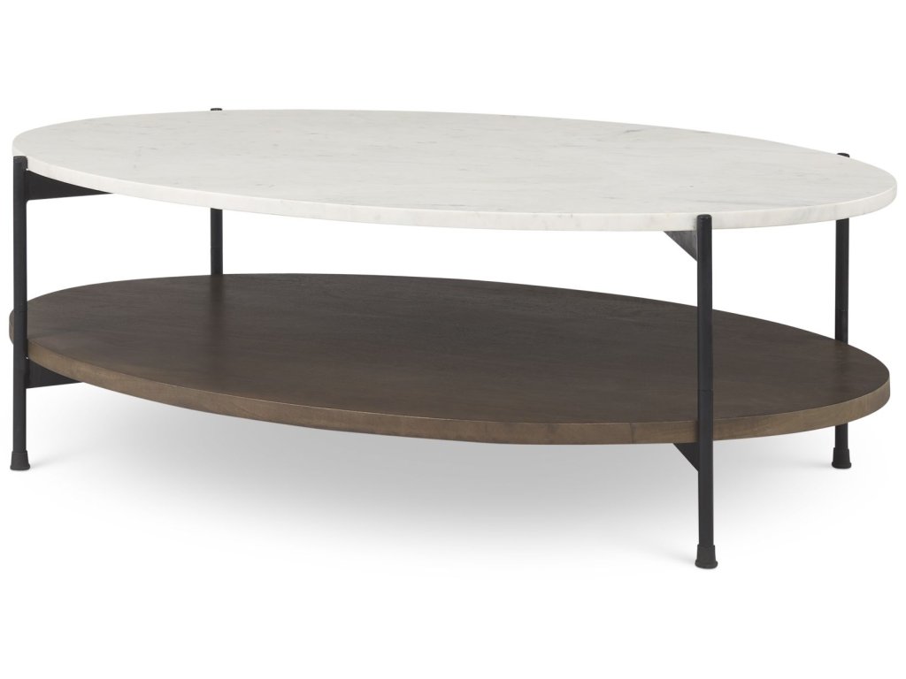 White Marble Top w/ Dark Brown Wood Shelf Oval Coffee Table