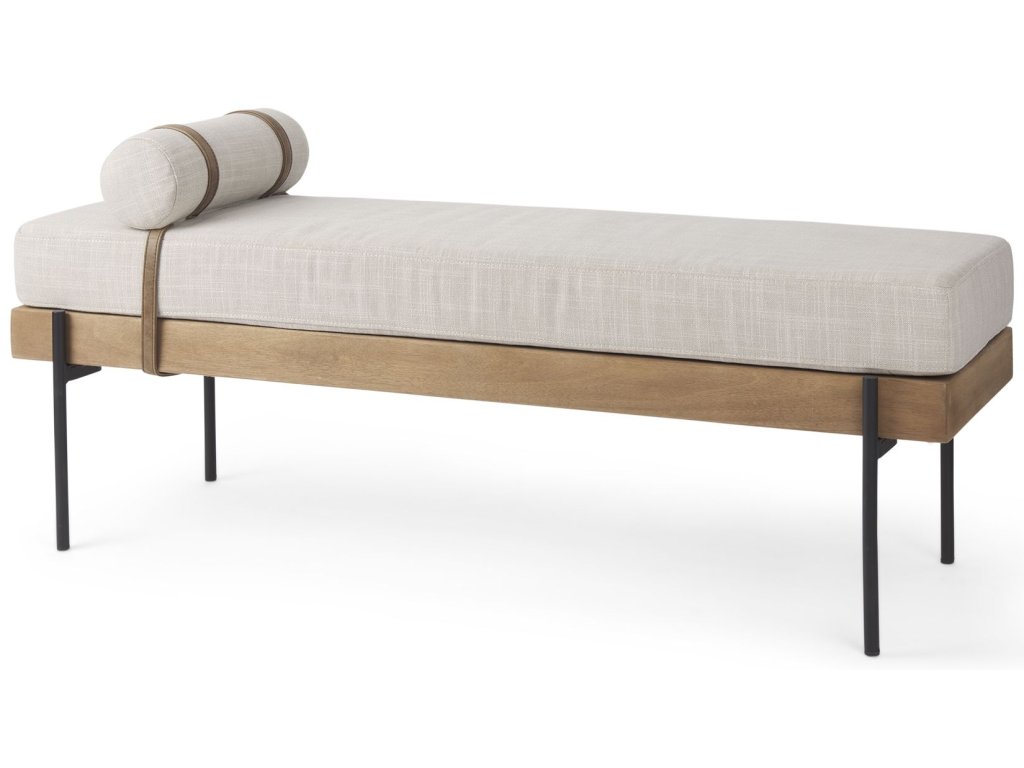 Cream Fabric w/Brown Wood Bench