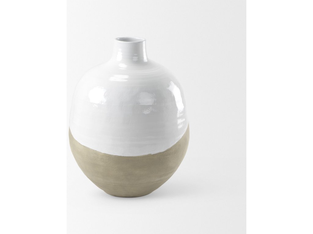 18.5L x 18.5W x 24.4H White and Dark Beige Color Blocked Ceramic Floor Vase